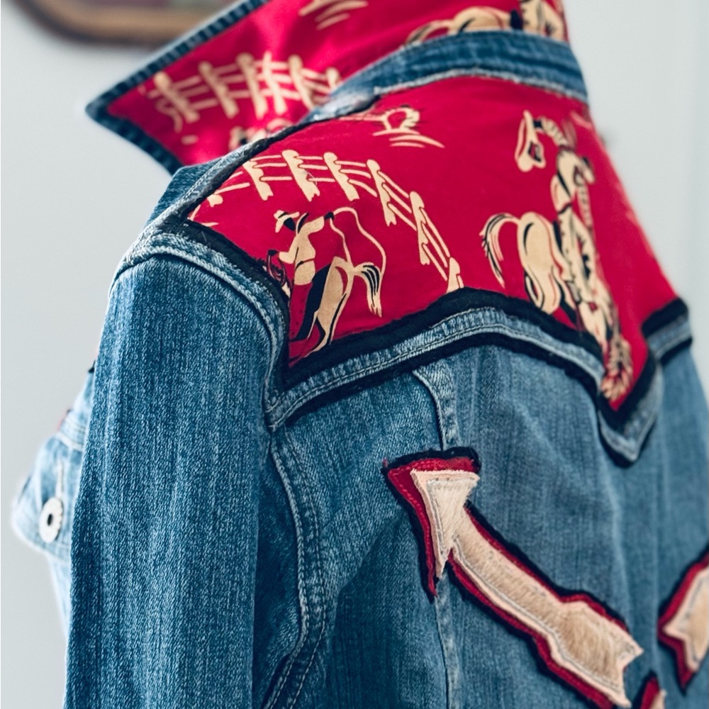 Parasuco Blue and Red Jean Jacket with Leather Handmade Appliques